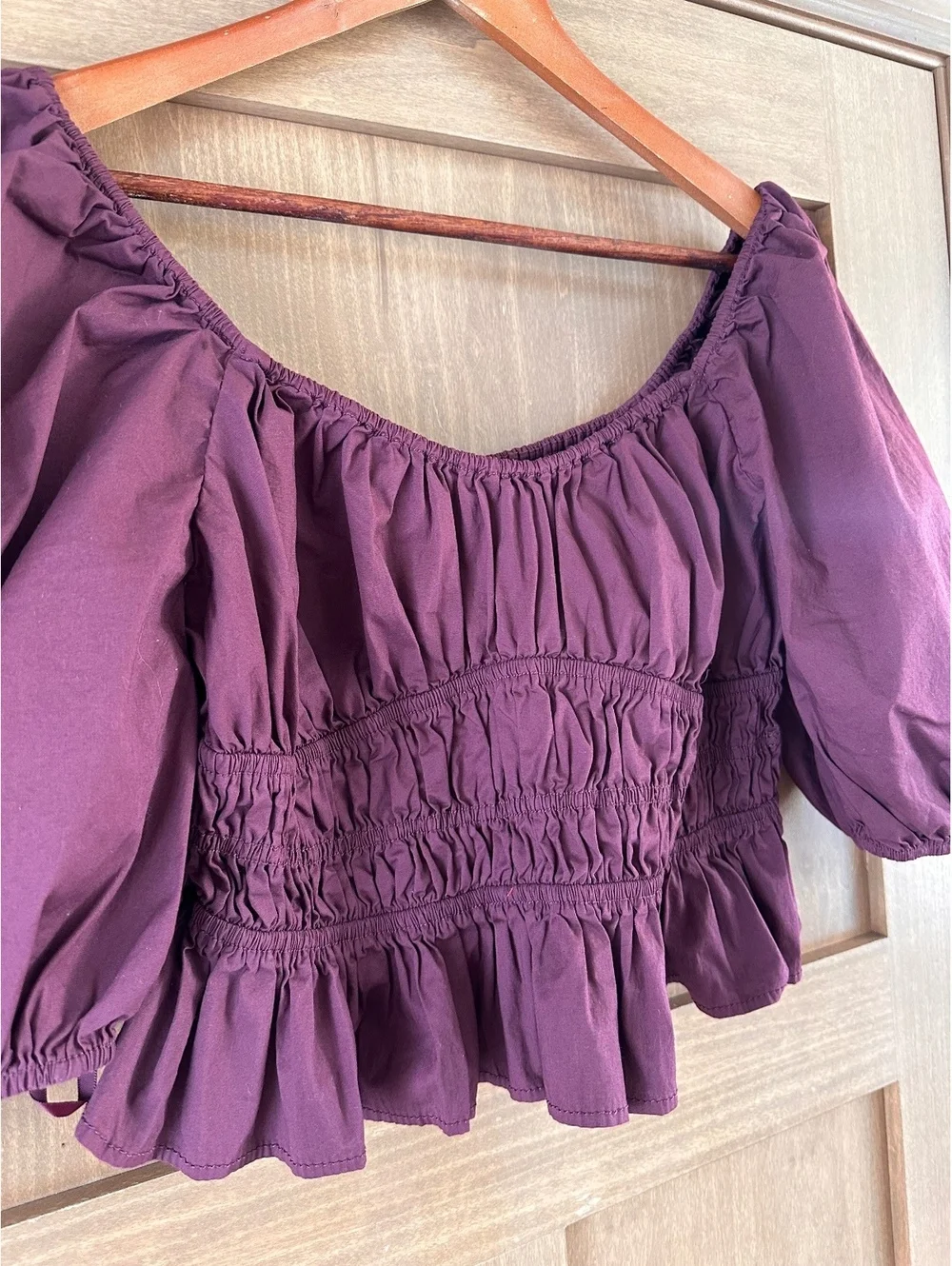 STAUD Faye Gathered Puff-Sleeve Crop Top Cotton in Plum Women’s size XL